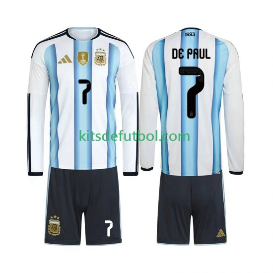 Equipación completa Niño Argentina Rodrigo De Paul 7 World Cup 2026 Camiseta de local Manga Larga