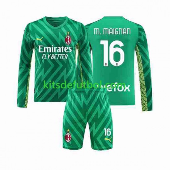Equipación completa Niño AC Milan Portero Mike Maignan 16 Camiseta de local 2023-2024 Manga Larga