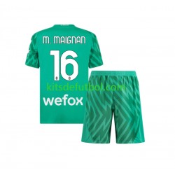 Equipación completa Niño AC Milan Portero Mike Maignan 16 Camiseta de local 2023-2024 Manga Corta