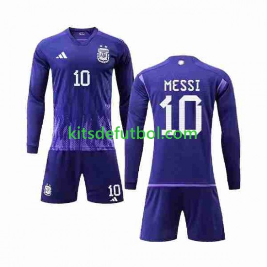 Equipación completa Niño Argentina 3 Stars Lionel Messi 10 World Cup 2022 Camiseta de visitante Manga Larga
