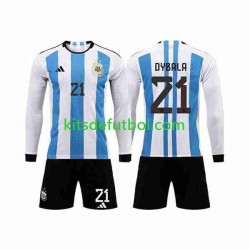 Equipación completa Niño Argentina 3 Stars Paulo Dybala 21 World Cup 2022 Camiseta de local Manga Larga