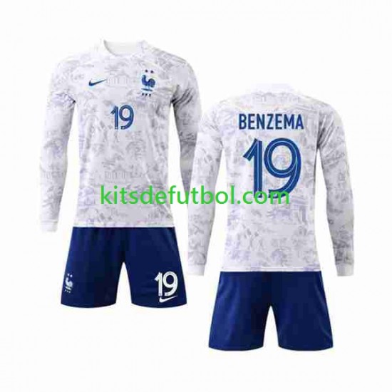 Equipación completa Niño Francia Benzema 19 World Cup 2022 Camiseta de visitante Manga Larga