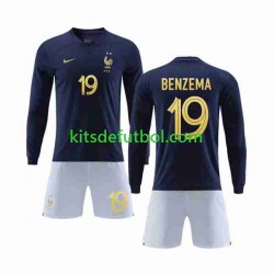 Equipación completa Niño Francia Benzema 19 World Cup 2022 Camiseta de local Manga Larga
