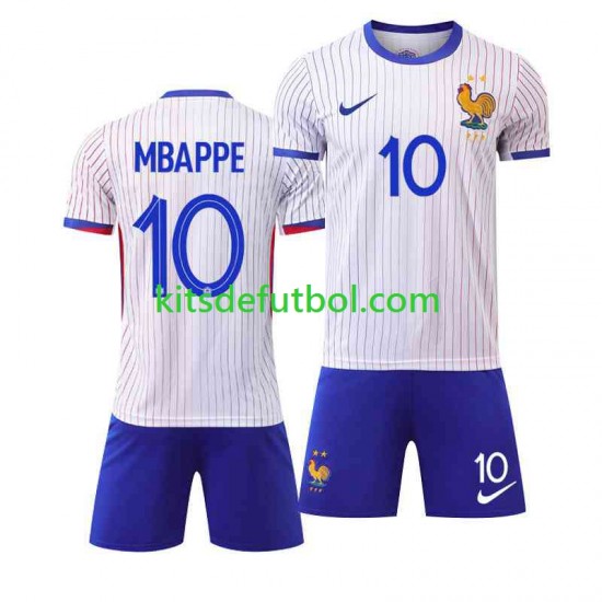 Equipación completa Niño Francia Kylian Mbappe 10 Euro 2024 Camiseta de visitante Manga Corta