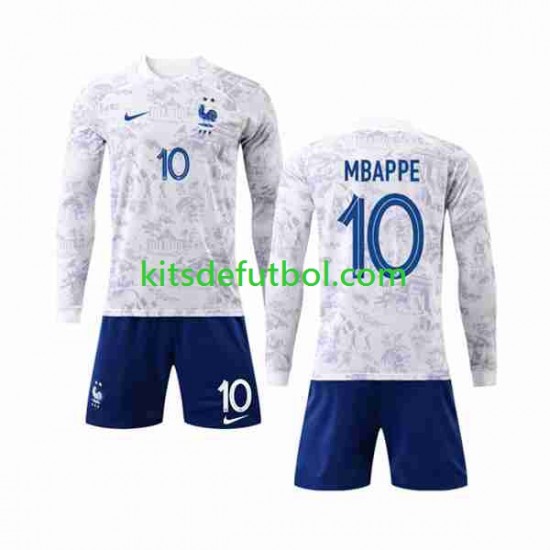 Equipación completa Niño Francia Mbappe 10 World Cup 2022 Camiseta de visitante Manga Larga