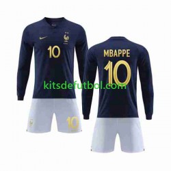 Equipación completa Niño Francia Mbappe 10 World Cup 2022 Camiseta de local Manga Larga