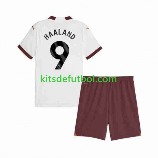 Equipación completa Niño Manchester City Erling Haaland 9 Camiseta de visitante 2023-2024 Manga Corta