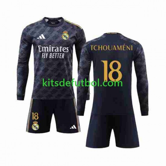 Equipación completa Niño Real Madrid Aurelien Tchouameni 18 Camiseta de visitante 2023-2024 Manga Larga