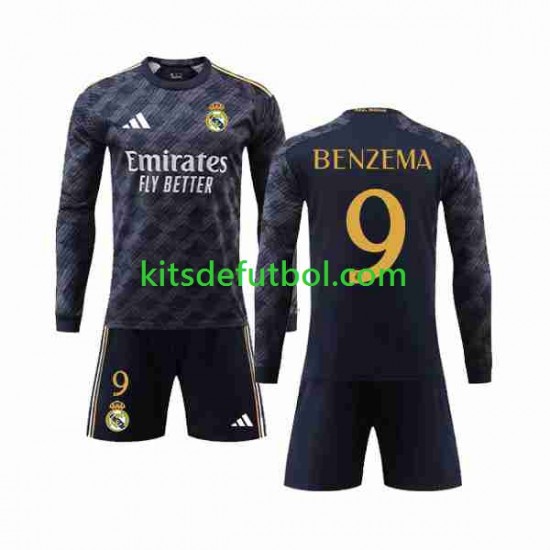 Equipación completa Niño Real Madrid Benzema 9 Camiseta de visitante 2023-2024 Manga Larga