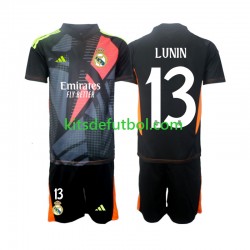 Equipación completa Niño Real Madrid Portero Andriy Lunin 13 Camiseta Negro de visitante 2024-2025 Manga Corta