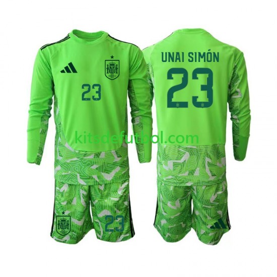 Equipación completa Niño World Cup 2026 España Portero Unai Simon 23 6th Green color Camiseta Manga Larga