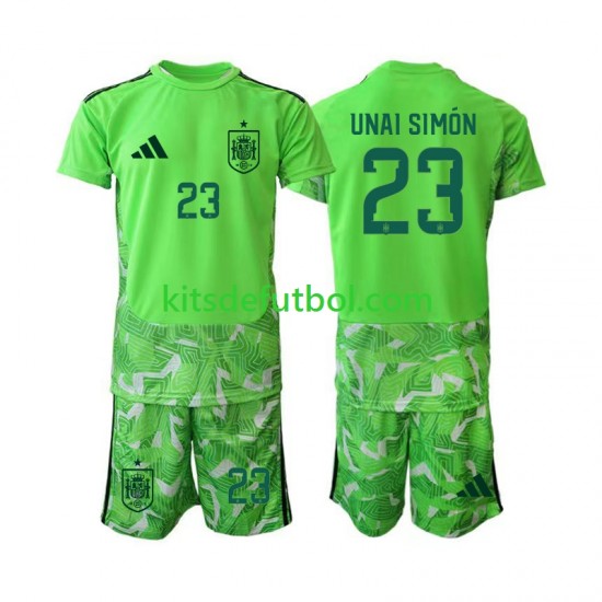 Equipación completa Niño World Cup 2026 España Portero Unai Simon 23 6th Green color Camiseta Manga Corta