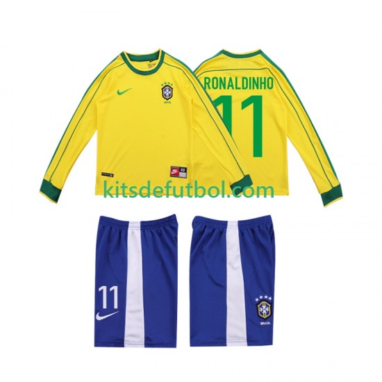 Equipación completa Niño Brasil RONALDINHO 11 Retro 1998 Camiseta de local Manga Larga
