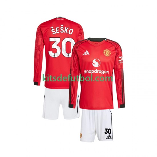 Equipación completa Niño Manchester United Benjamin Sesko 30 Camiseta de local 2025-2026 Manga Larga