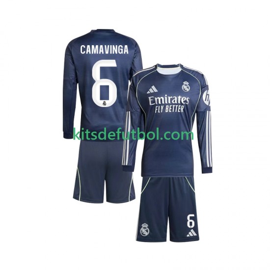 Equipación completa Niño Real Madrid Camavinga 6 Camiseta de visitante 2025-2026 Manga Larga