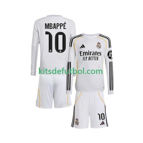 Equipación completa Niño Real Madrid Kylian Mbappe 10 Camiseta de local 2025-2026 Manga Larga