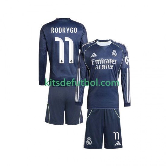 Equipación completa Niño Real Madrid Rodrygo 11 Camiseta de visitante 2025-2026 Manga Larga