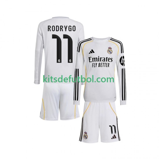 Equipación completa Niño Real Madrid Rodrygo 11 Camiseta de local 2025-2026 Manga Larga
